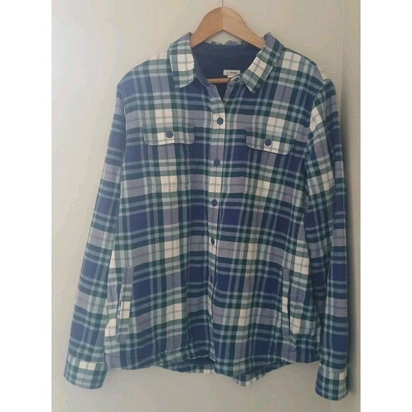 LL Bean Fleece-Lined Flannel Shirt Size Large Blue Shacket Snap-Front Plaid - Picture 1 of 11